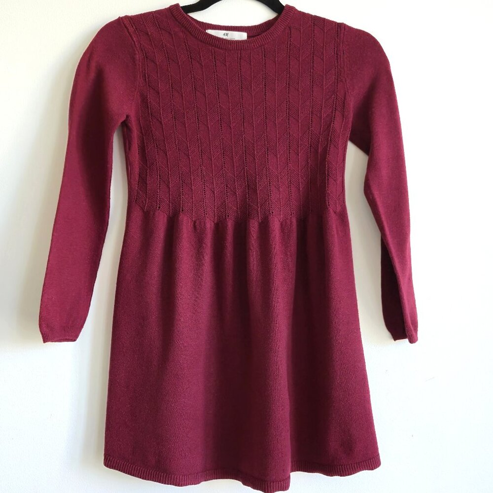 H&M Girls Sweater Knit Dress | Maroon/Burgundy Cable Knit Detail | Size 6X / 7